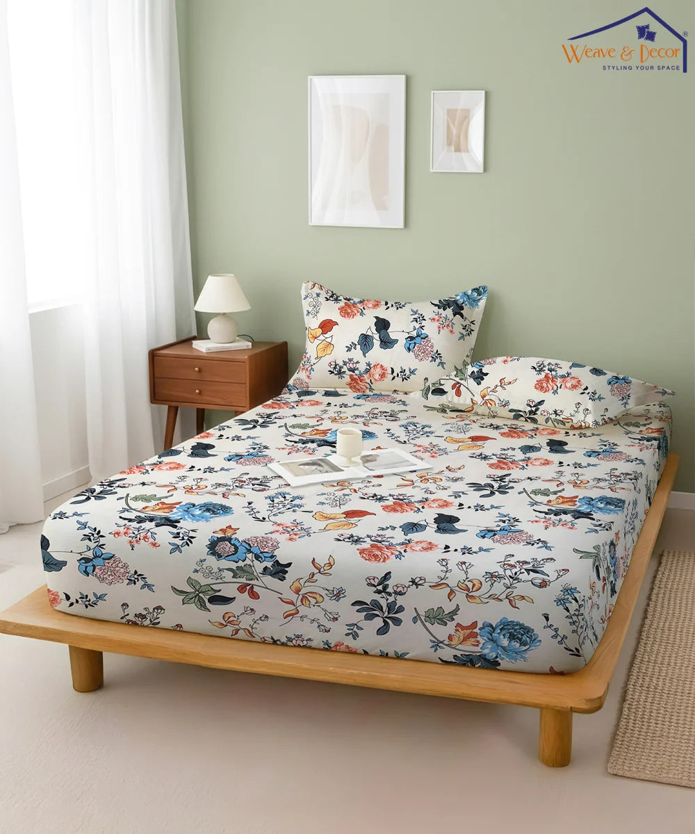 Ivory Floral Symphony King Size Bedsheet With 2 Pillow Cover