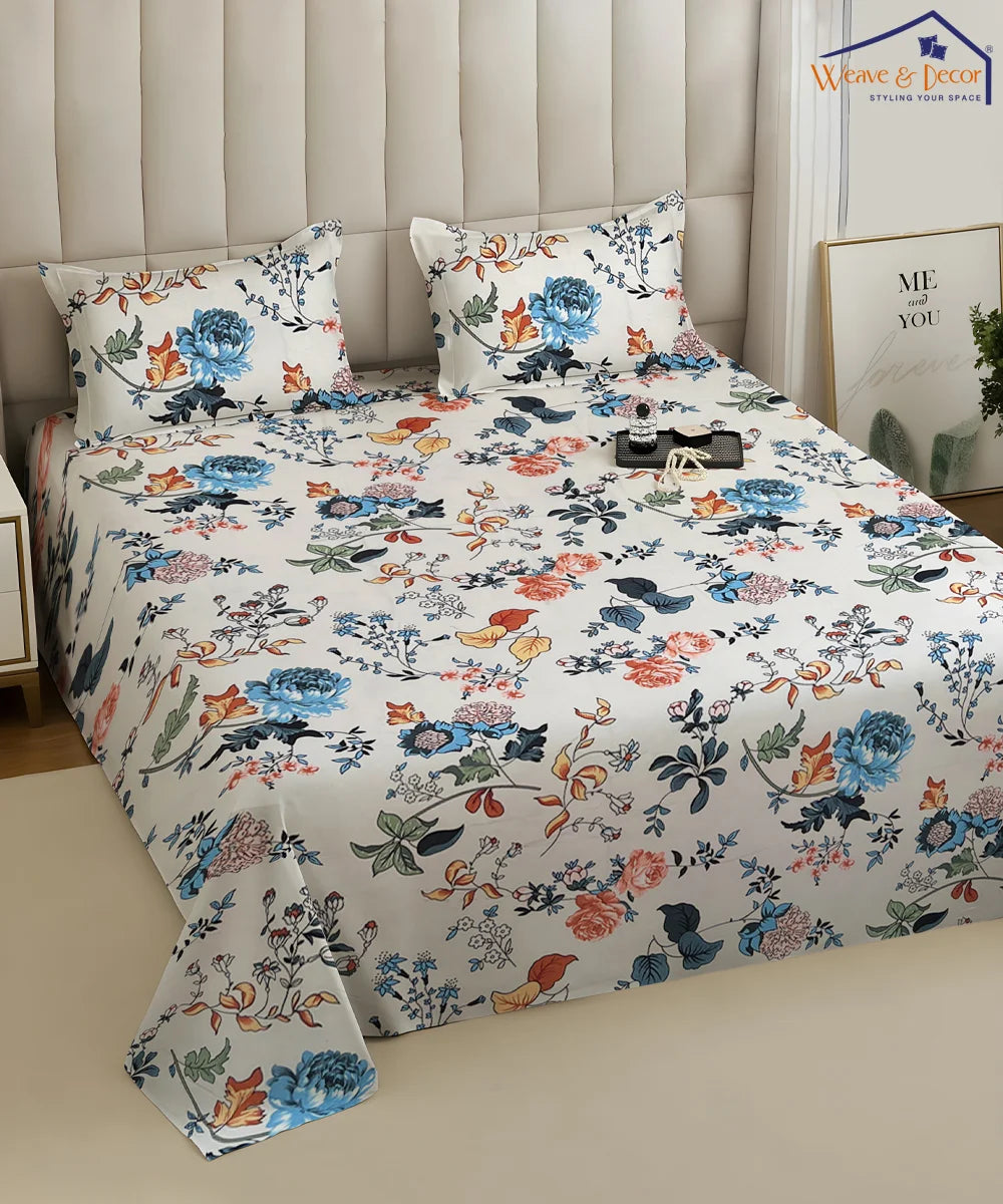 Ivory Floral Symphony King Size Bedsheet With 2 Pillow Cover