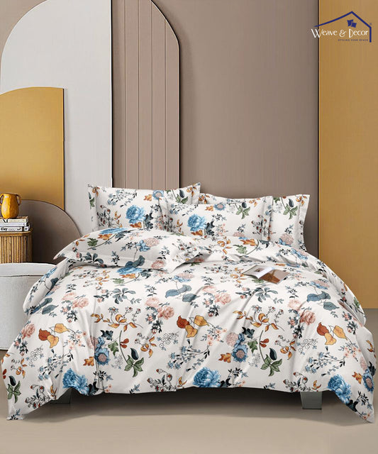 Ivory Floral Symphony  King Fitted Bedsheet With 2 Pillow Covers