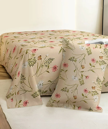 Cream Floral King Size Bedsheet With 2 Pillow Cover