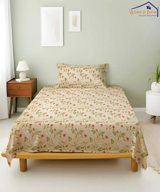 Cream Floral King Size Bedsheet With 2 Pillow Cover