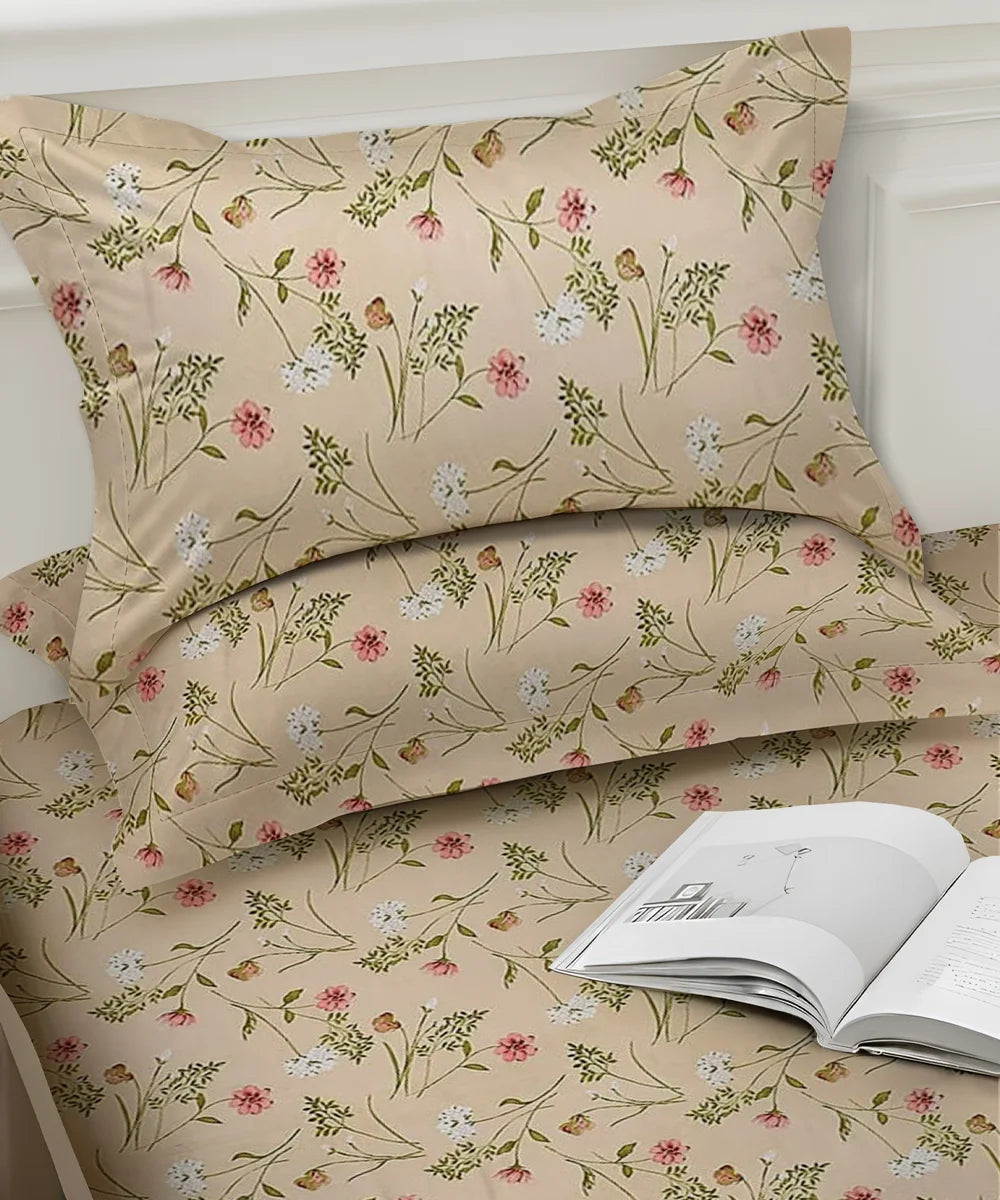 Cream Floral King Size Bedsheet With 2 Pillow Cover