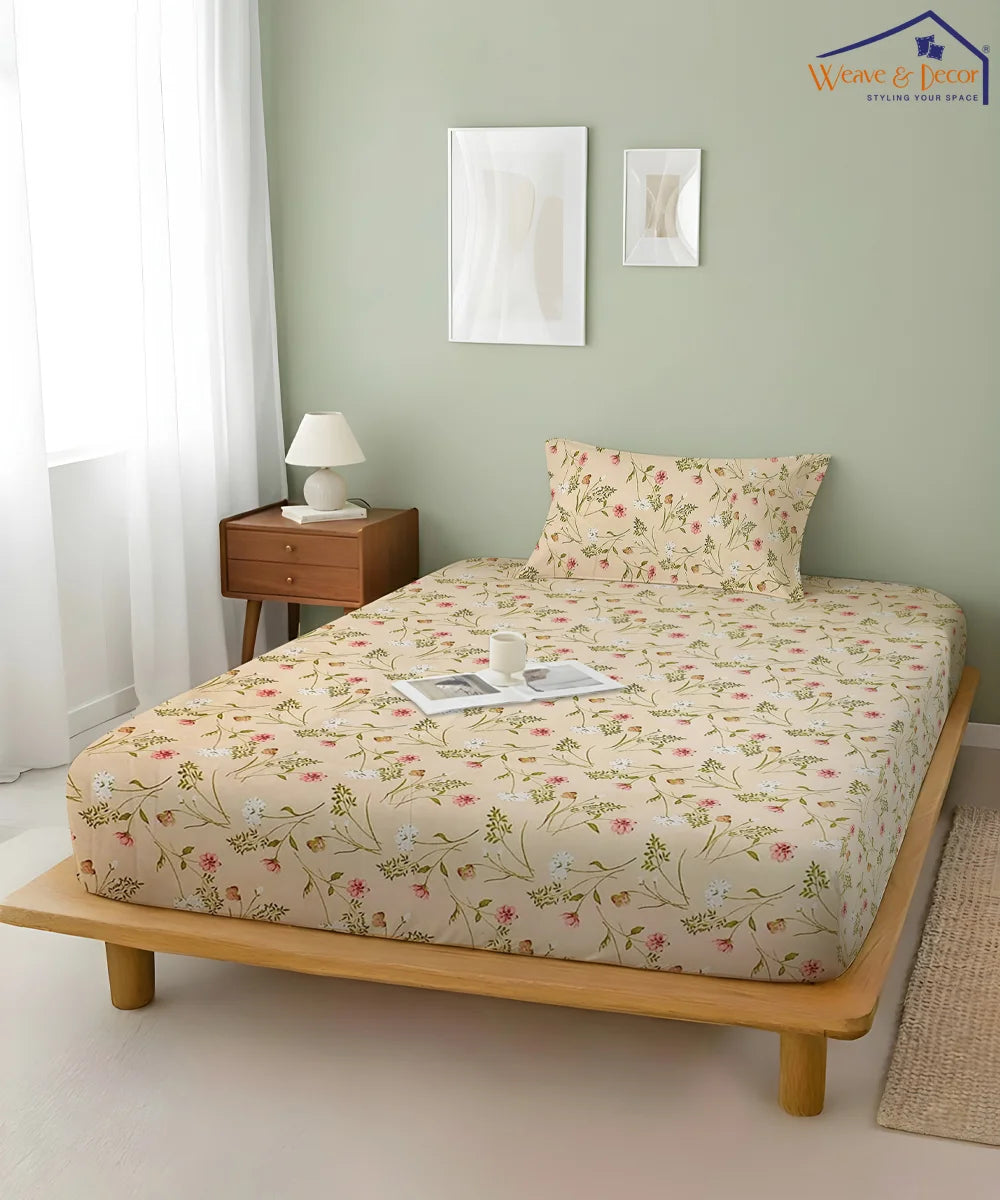 Cream Floral King Size Bedsheet With 2 Pillow Cover