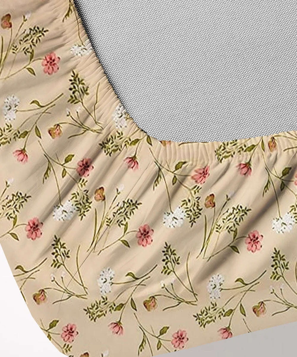 Cream Floral King Size Bedsheet With 2 Pillow Cover