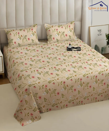 Cream Floral King Size Bedsheet With 2 Pillow Cover