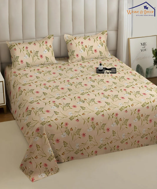 Cream Floral King Size Bedsheet With 2 Pillow Cover