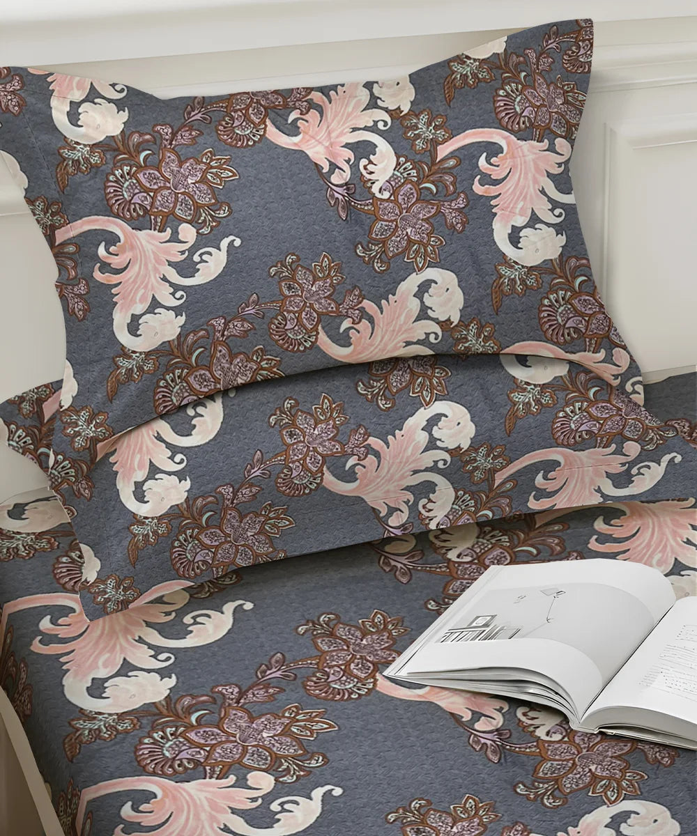 Midnight Flourish King Size Bedsheet With 2 Pillow Cover