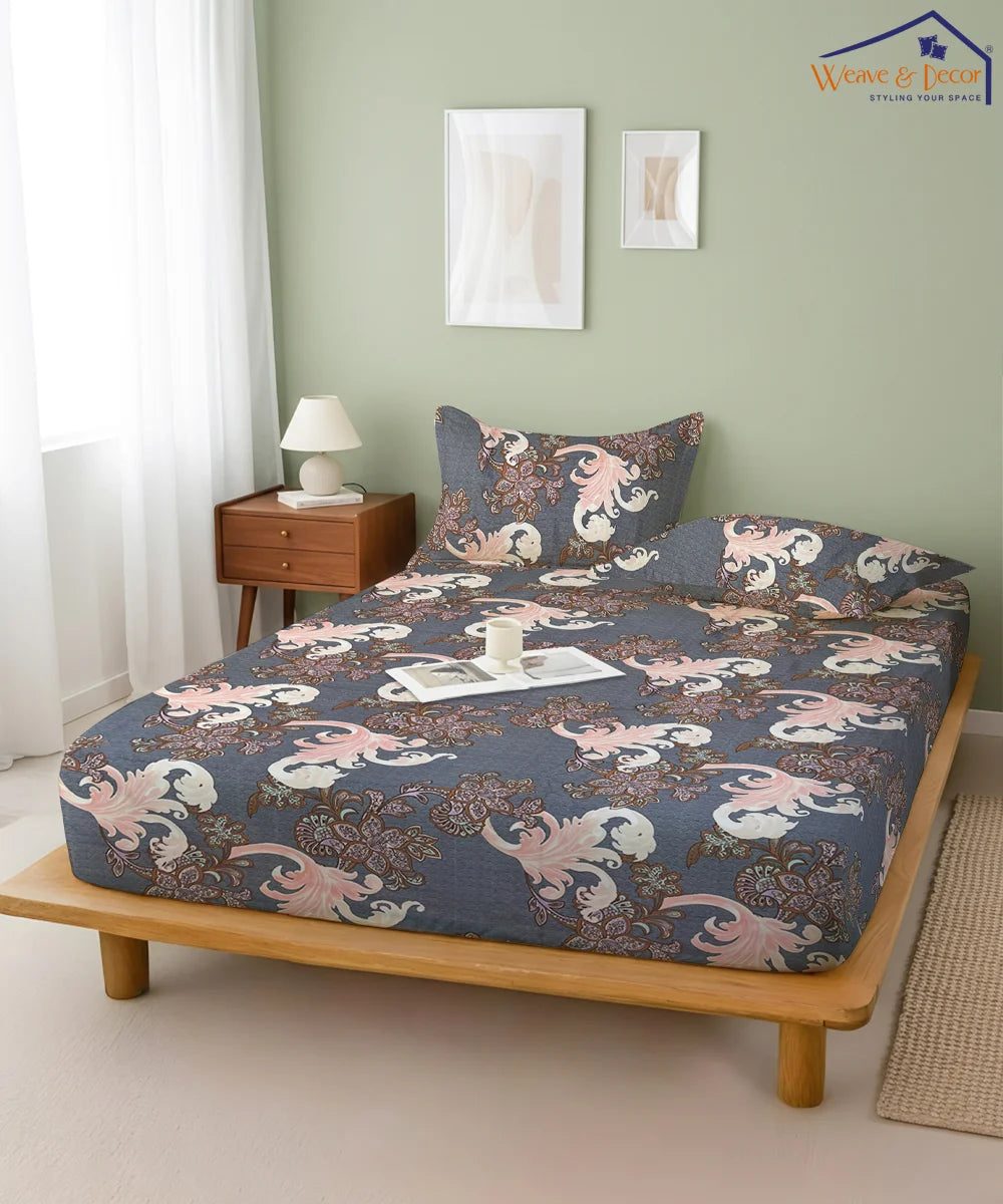 Midnight Flourish King Size Bedsheet With 2 Pillow Cover