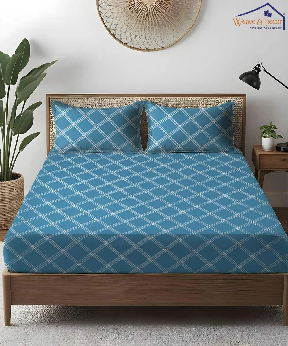 Ocean Check Fitted Bedsheet With Pillow Cover – Weave & Decor