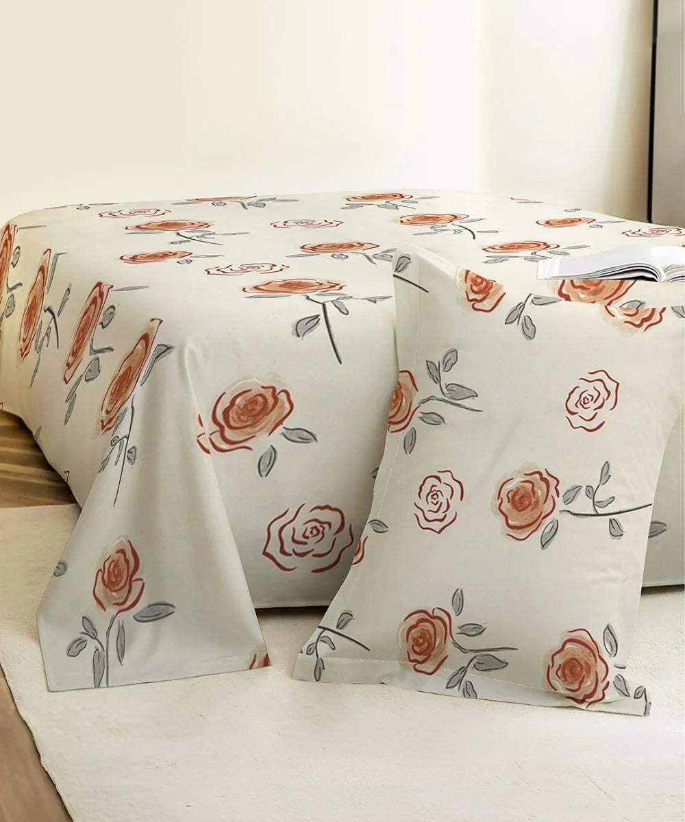 Delicate Roses King Size Bedsheet With 2 Pillow Cover