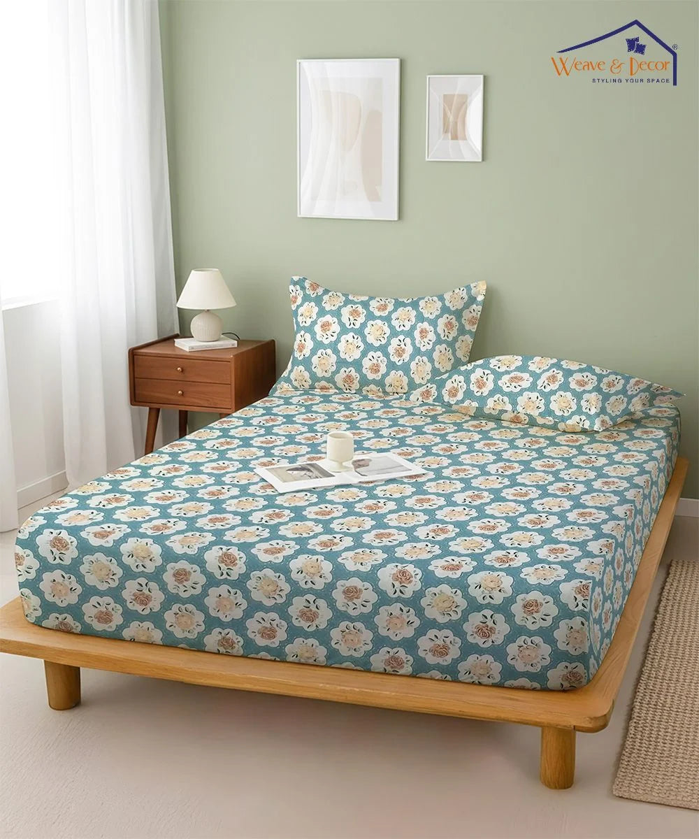 Teal Garden Flat Bedsheet With Pillow Covers