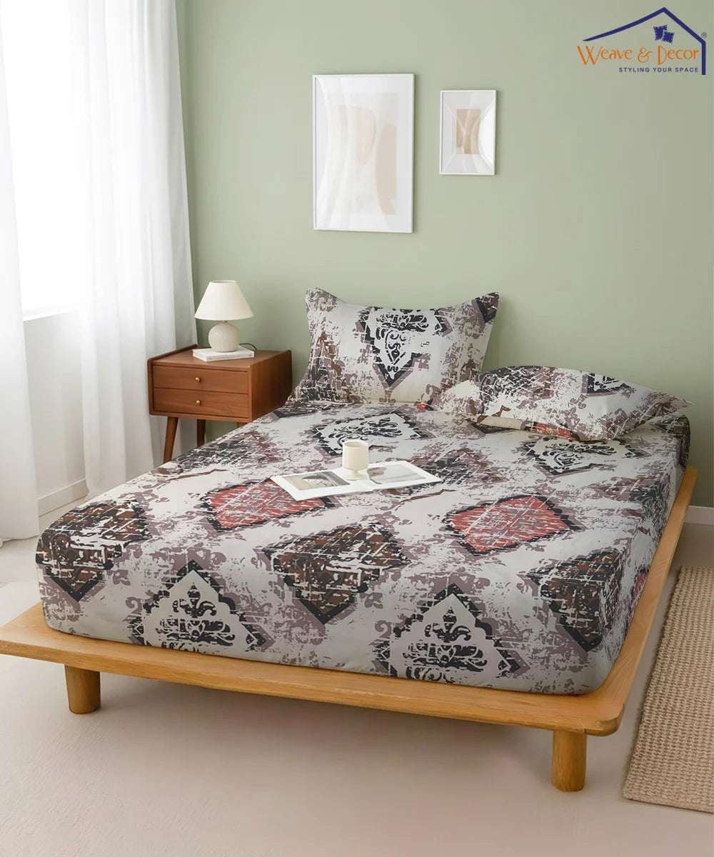 Beige Patterns King Size Bedsheet With 2 Pillow Cover