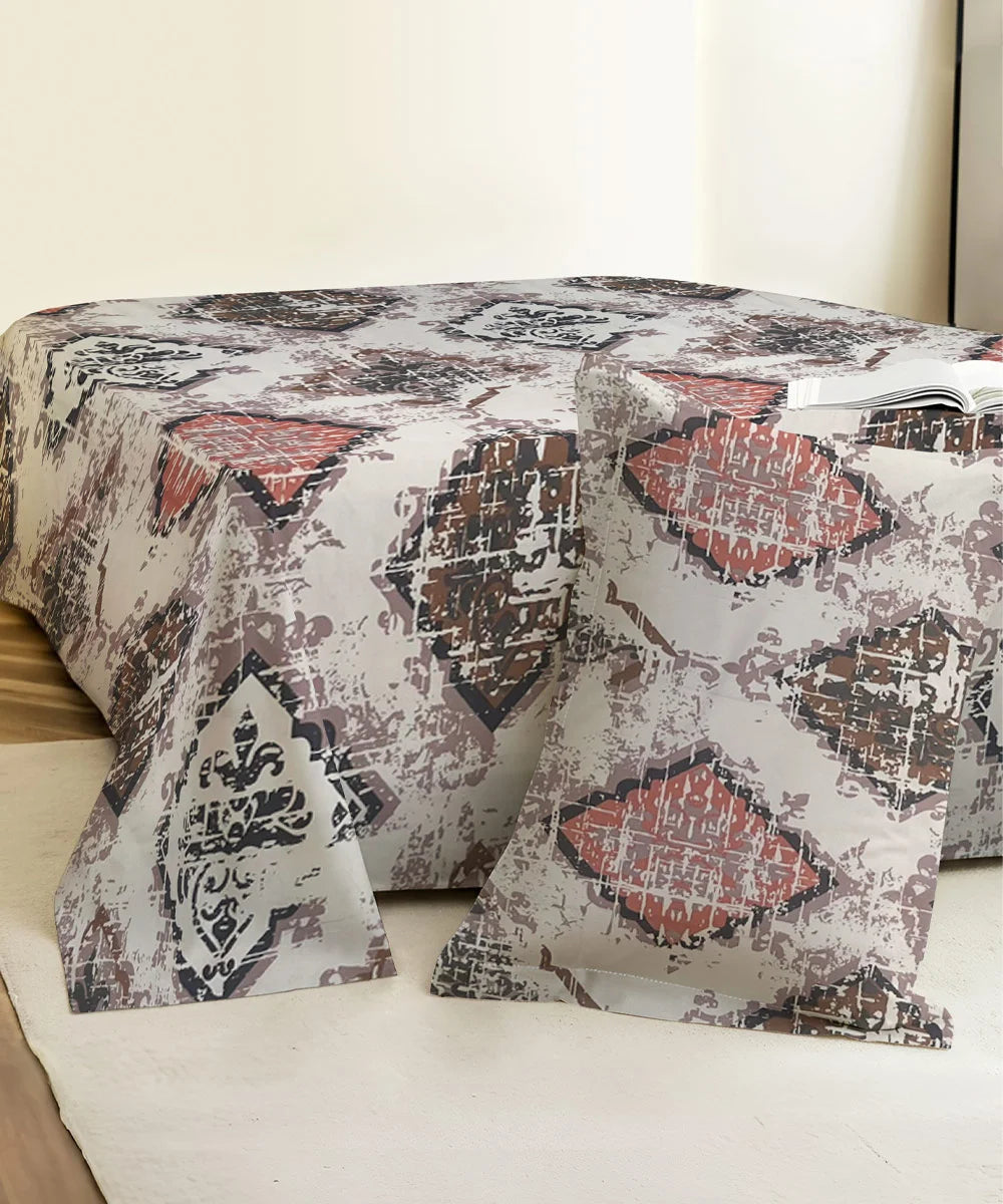Beige Patterns King Size Bedsheet With 2 Pillow Cover