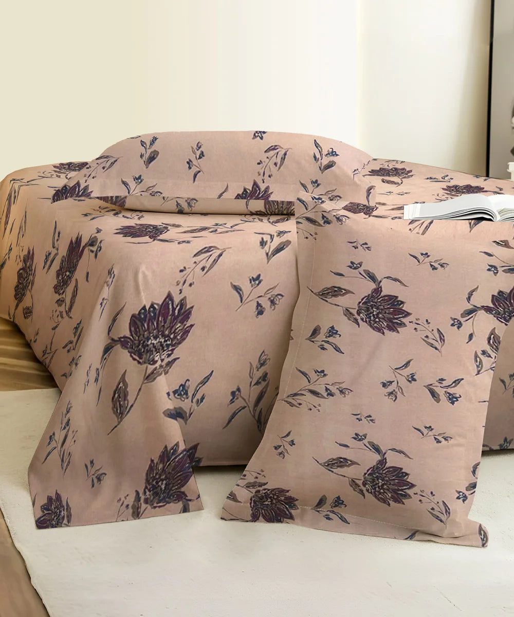 Beige Botanica King Size Bedsheet With 2 Pillow Cover