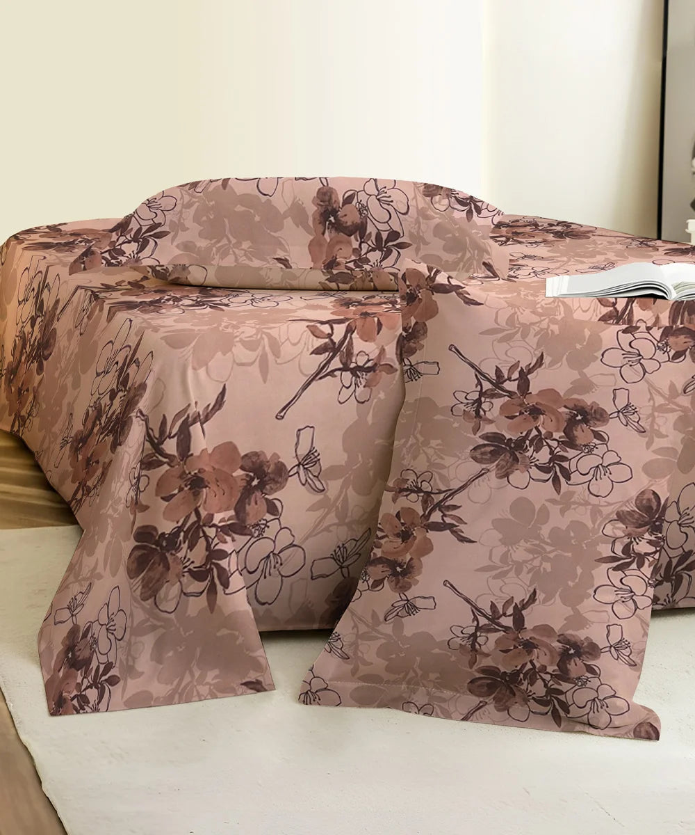 Mocha Blossom King Size Bedsheet With 2 Pillow Cover