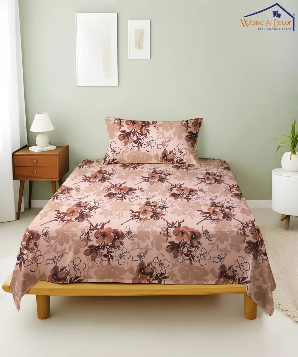 Mocha Blossom King Size Bedsheet With 2 Pillow Cover