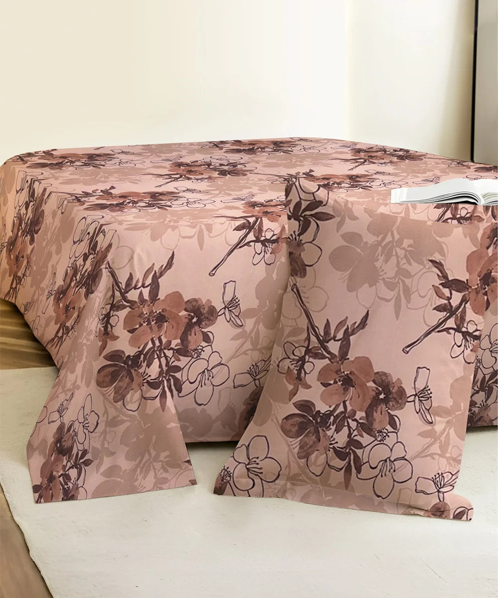 Mocha Blossom King Size Bedsheet With 2 Pillow Cover