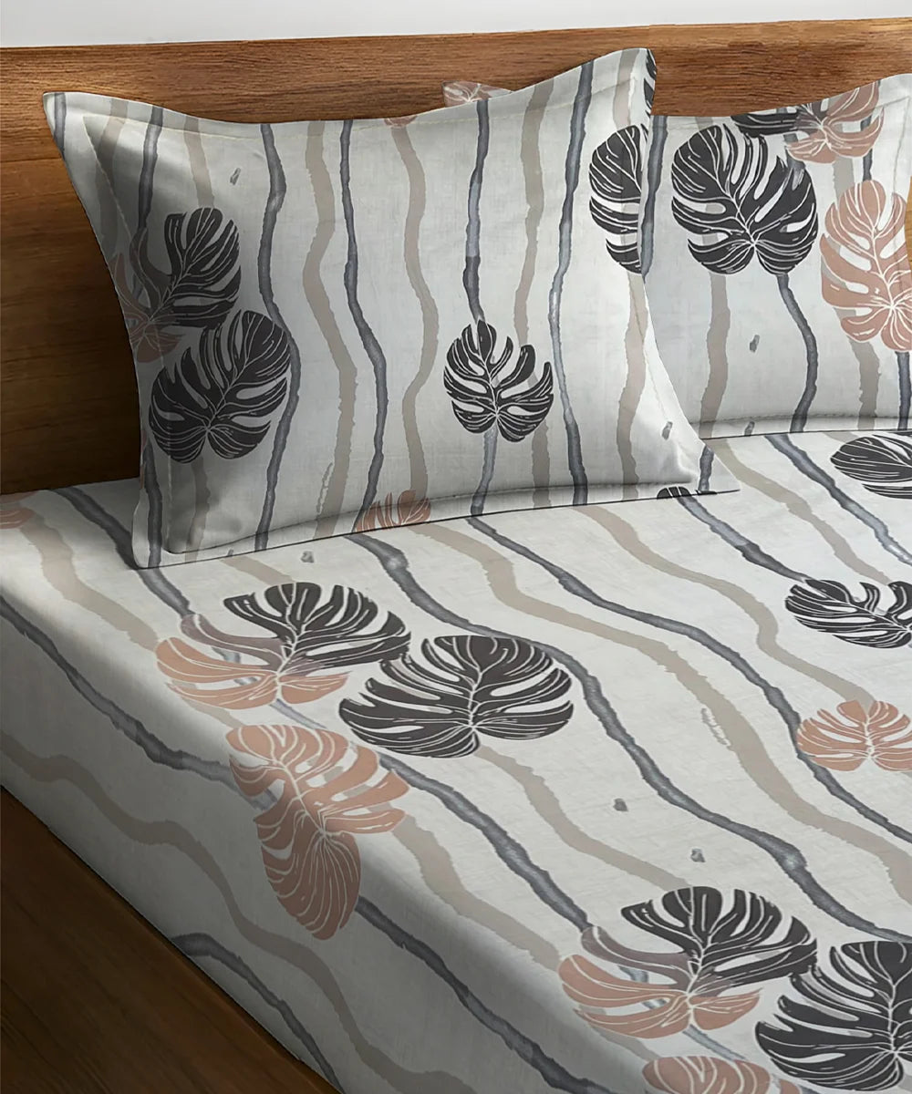 Mocha Palms   Super King Fitted Bedsheet With 2 Pillow Covers