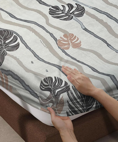 Mocha Palms   Super King Fitted Bedsheet With 2 Pillow Covers