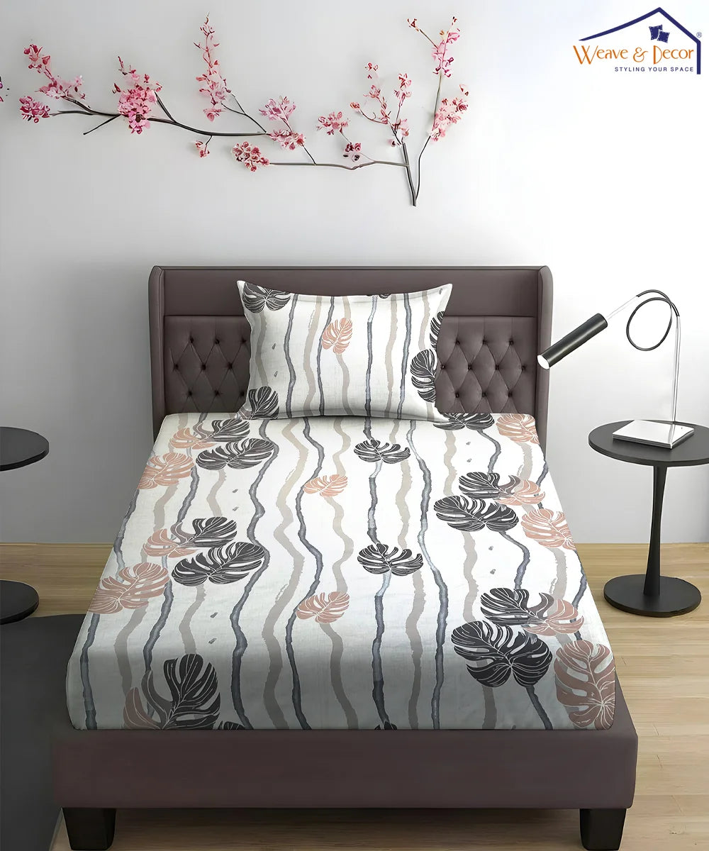 Mocha Palms   Super King Fitted Bedsheet With 2 Pillow Covers