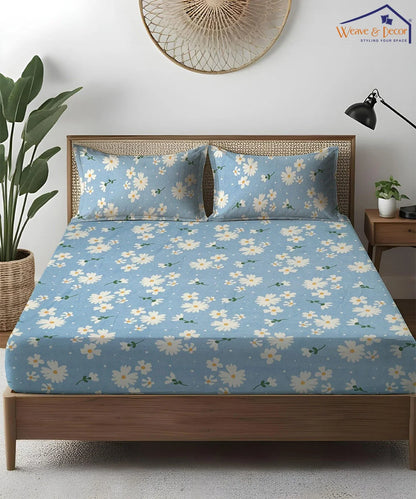 Blue Daisy Bliss King Size Bedsheet With 2 Pillow Cover
