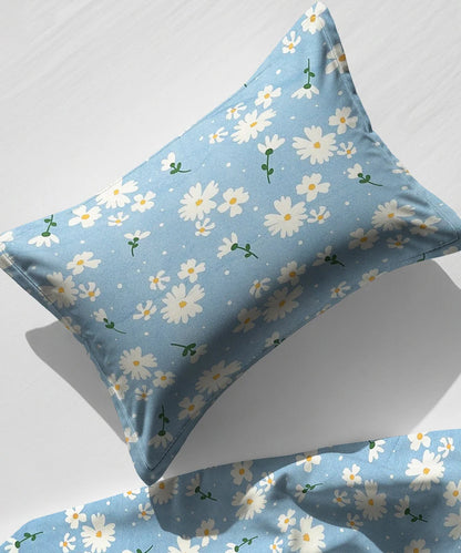 Blue Daisy Bliss King Size Bedsheet With 2 Pillow Cover