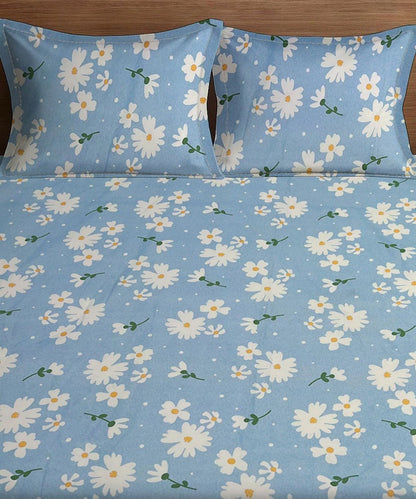 Blue Daisy Bliss King Size Bedsheet With 2 Pillow Cover
