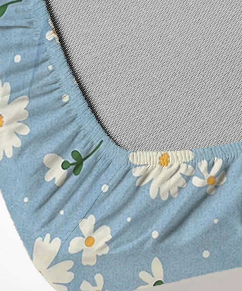 Blue Daisy Bliss King Size Bedsheet With 2 Pillow Cover