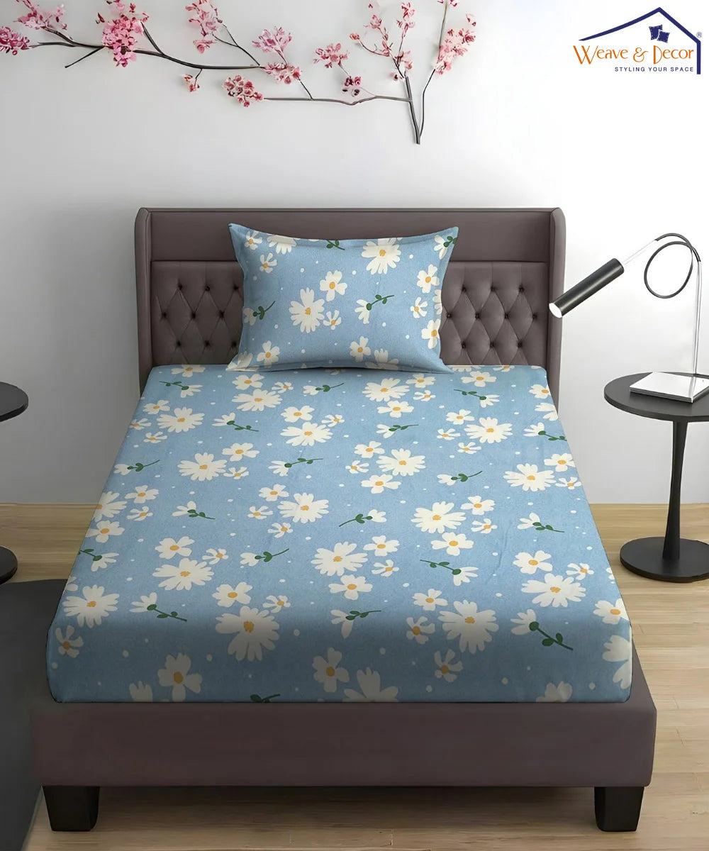 Blue Daisy Bliss King Size Bedsheet With 2 Pillow Cover