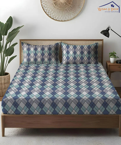 Aqua ChecksKing Size Bedsheet With 2 Pillow Cover