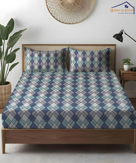 Aqua ChecksKing Size Bedsheet With 2 Pillow Cover