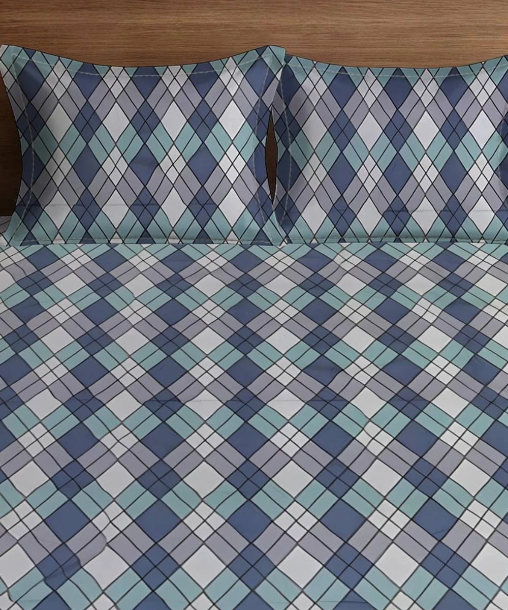 Aqua ChecksKing Size Bedsheet With 2 Pillow Cover