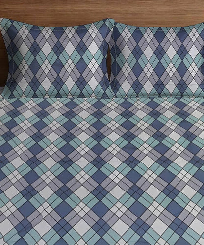 Aqua ChecksKing Size Bedsheet With 2 Pillow Cover