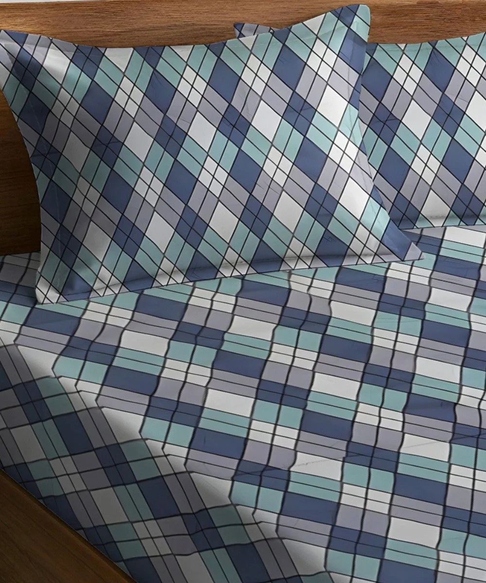 Aqua ChecksKing Size Bedsheet With 2 Pillow Cover