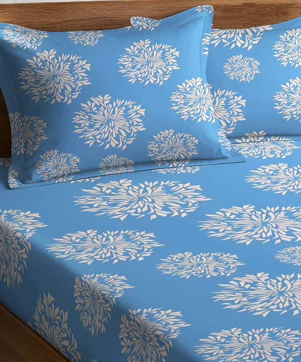 Blue Dandelion Floral King Size Bedsheet With 2 Pillow Cover