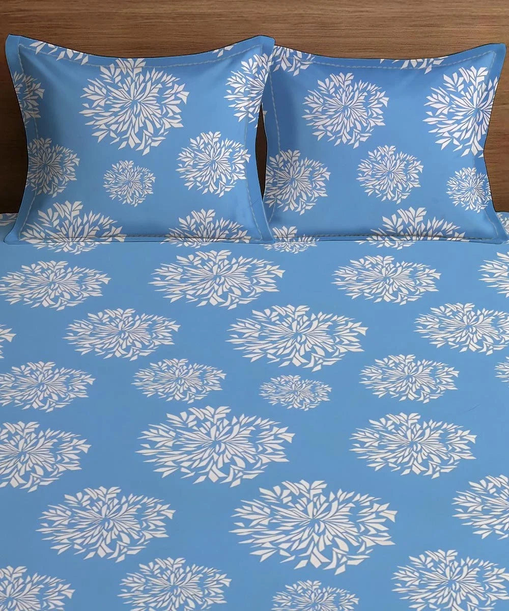 Blue Dandelion Floral King Size Bedsheet With 2 Pillow Cover