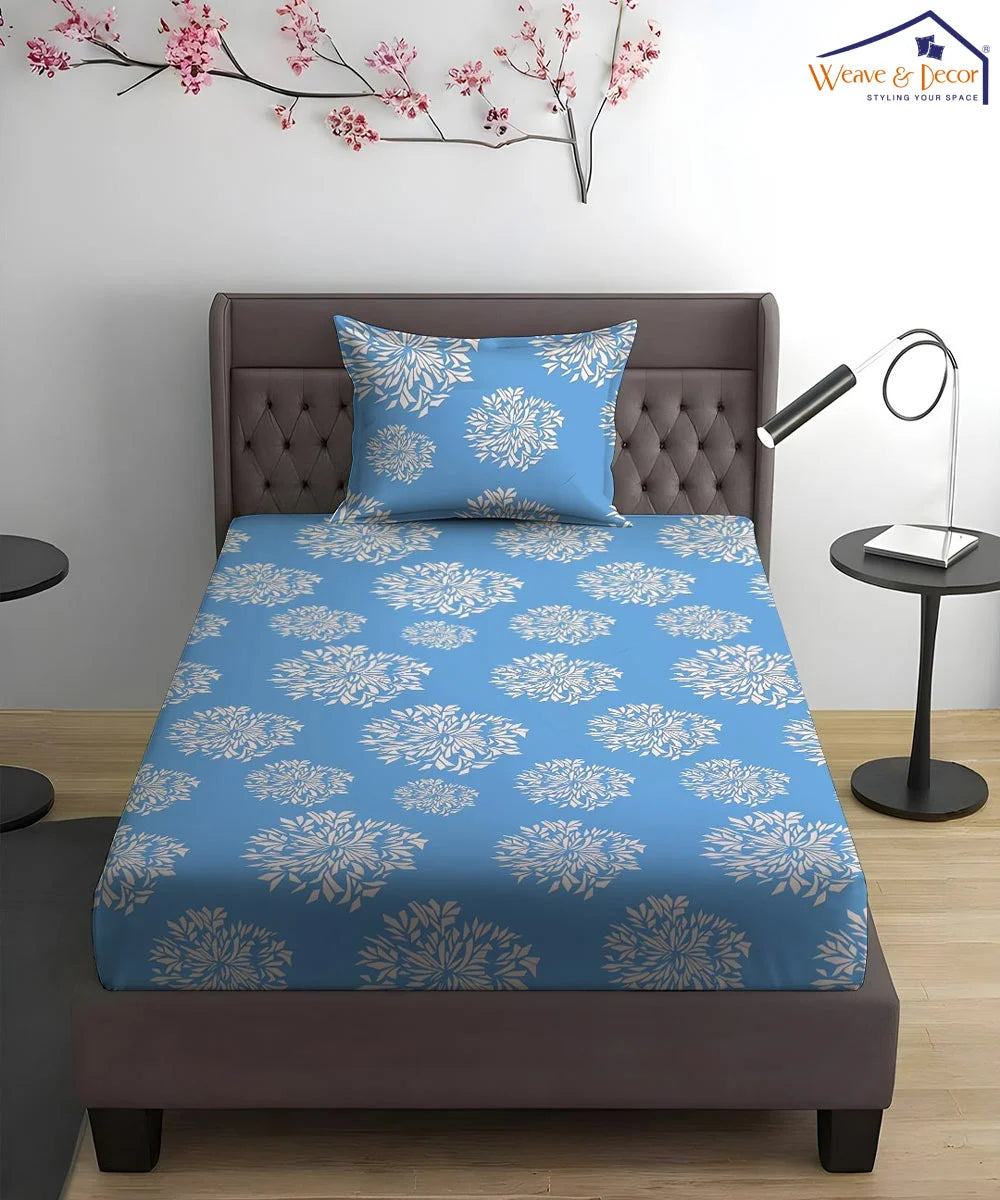 Blue Dandelion Floral King Size Bedsheet With 2 Pillow Cover