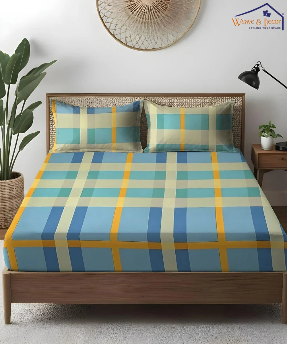 Sky Checkered Bliss Queen Fitted Bedsheet With 2 Pillow Covers