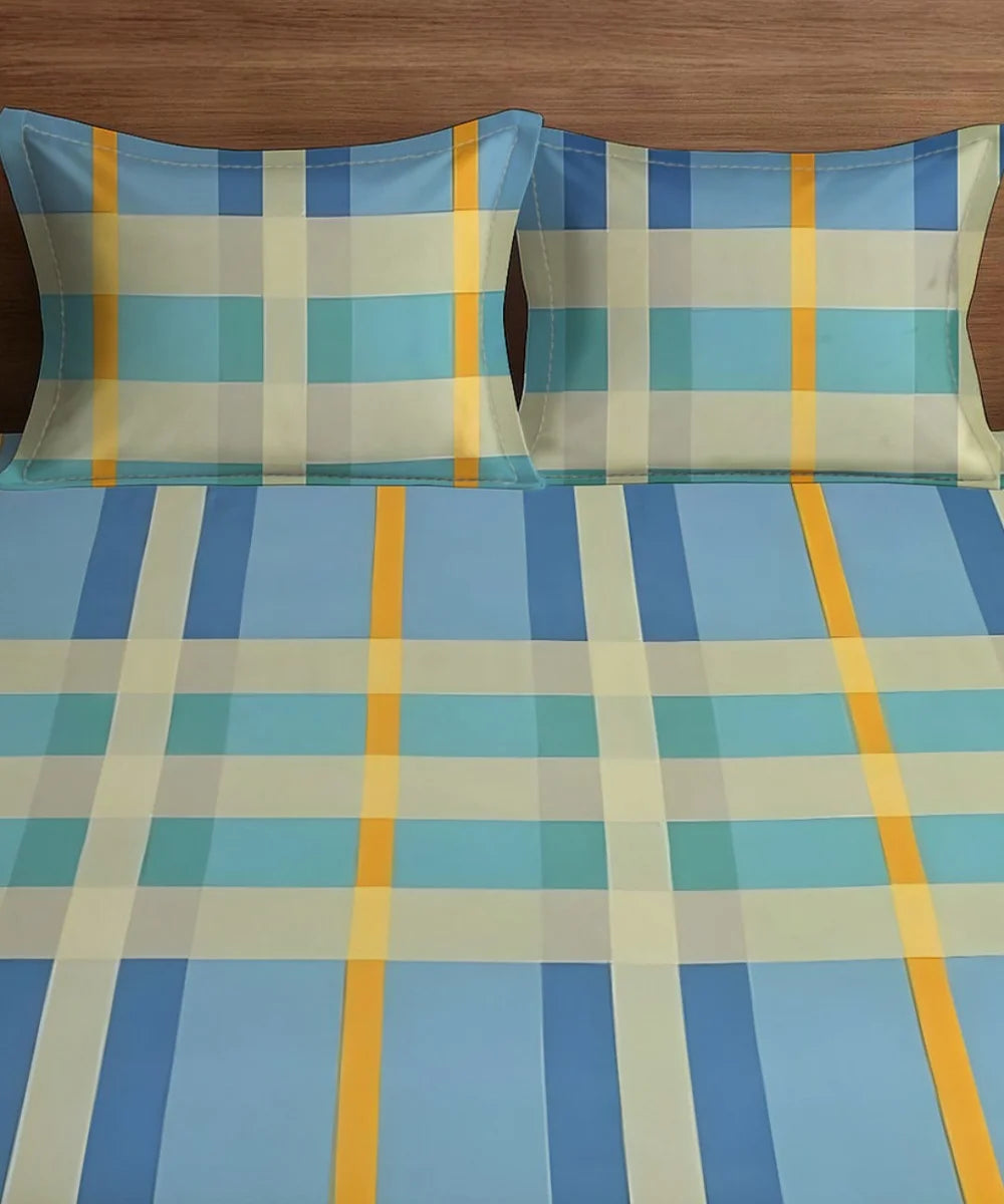 Sky Checkered Bliss Queen Fitted Bedsheet With 2 Pillow Covers
