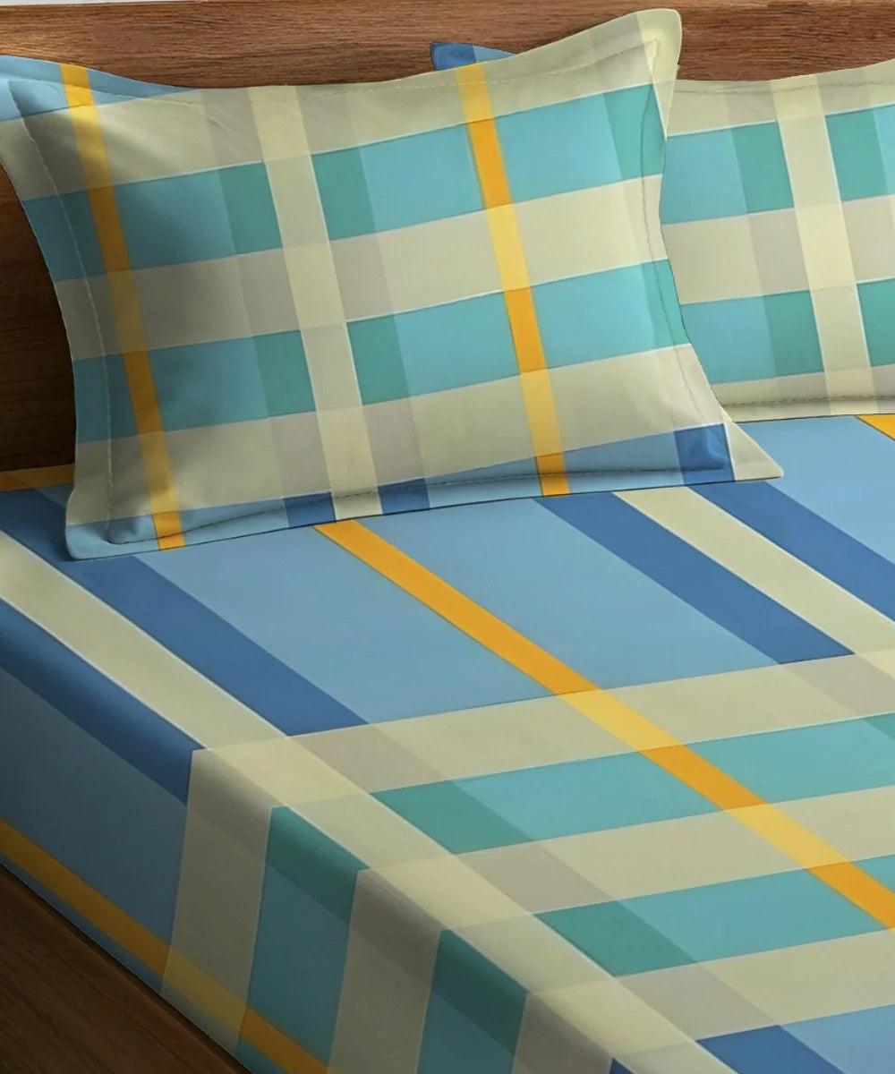 Sky Checkered Bliss Queen Fitted Bedsheet With 2 Pillow Covers