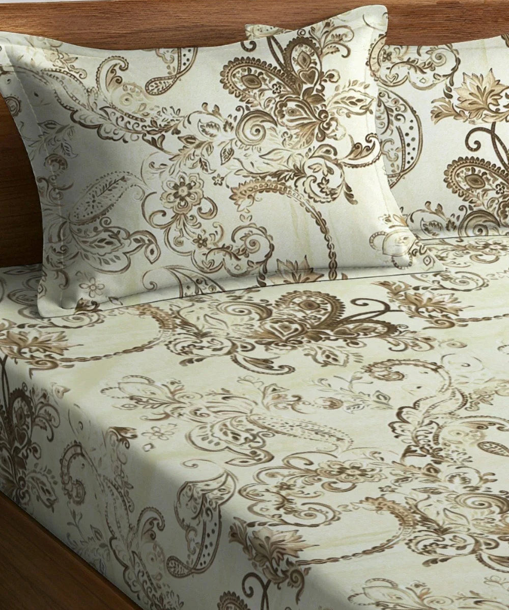 Golden Paisley Flat Bedsheet With Pillow Covers
