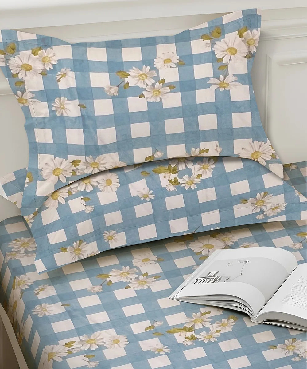 Blue Daisy Flat Bedsheet With Pillow Covers