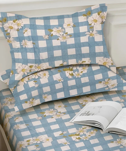 Blue Daisy Flat Bedsheet With Pillow Covers