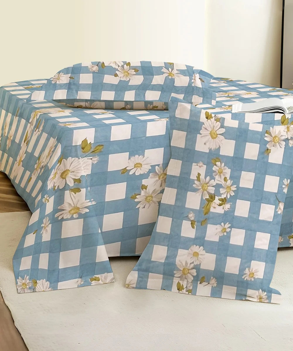 Blue Daisy Flat Bedsheet With Pillow Covers