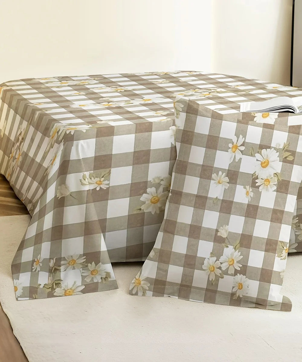 Grey Daisy Flat Bedsheet With Pillow Covers