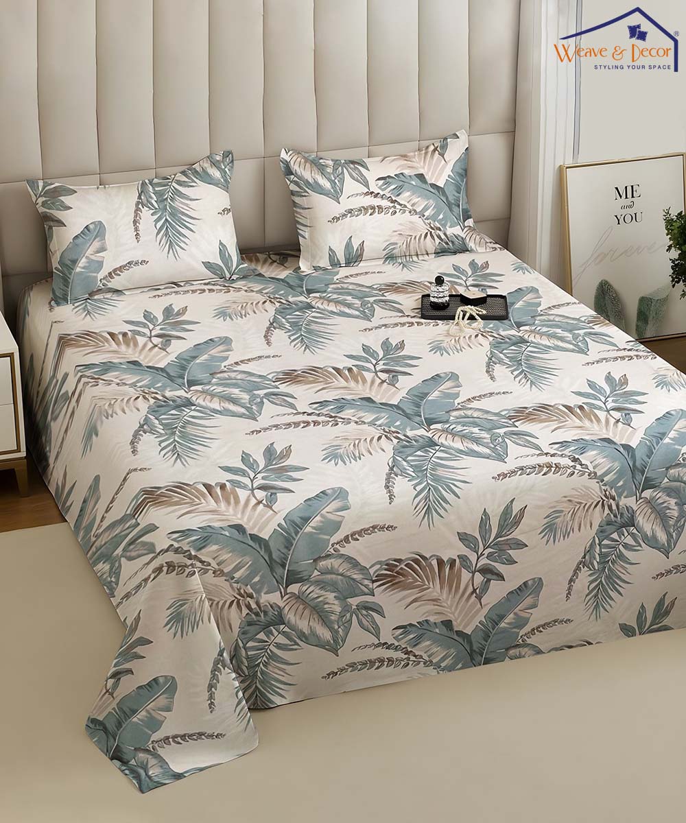 Coastal Leaf StripeFlat Bedsheet With Pillow Covers