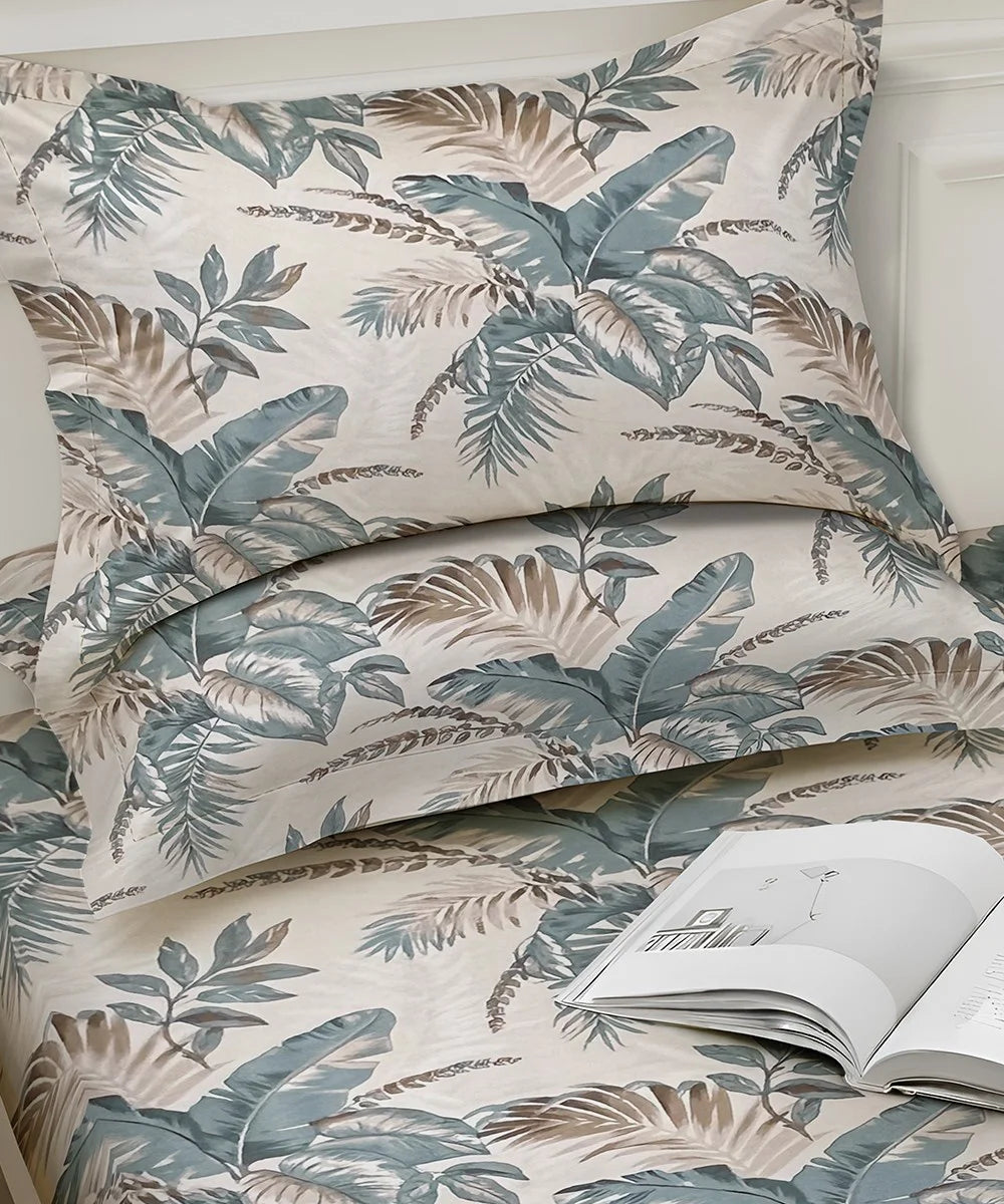Coastal Leaf StripeFlat Bedsheet With Pillow Covers