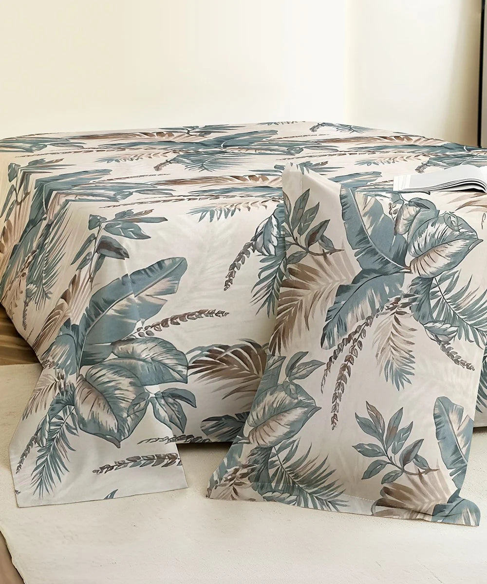 Coastal Leaf StripeFlat Bedsheet With Pillow Covers