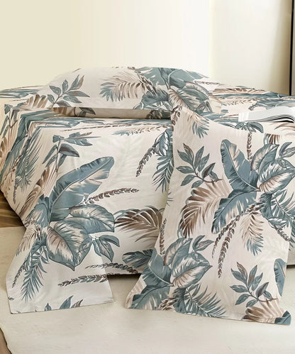 Coastal Leaf StripeFlat Bedsheet With Pillow Covers