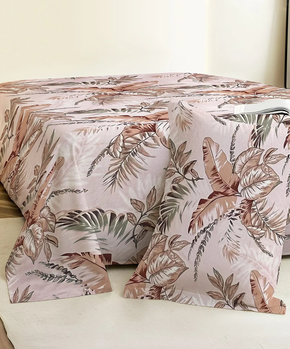 Ivory PalmFlat Bedsheet With Pillow Covers